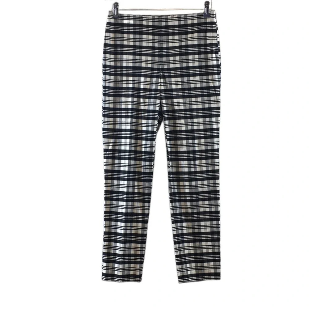 Talbots Black White Plaid Trousers Womens 2 Flat Front Cotton Pants Slim